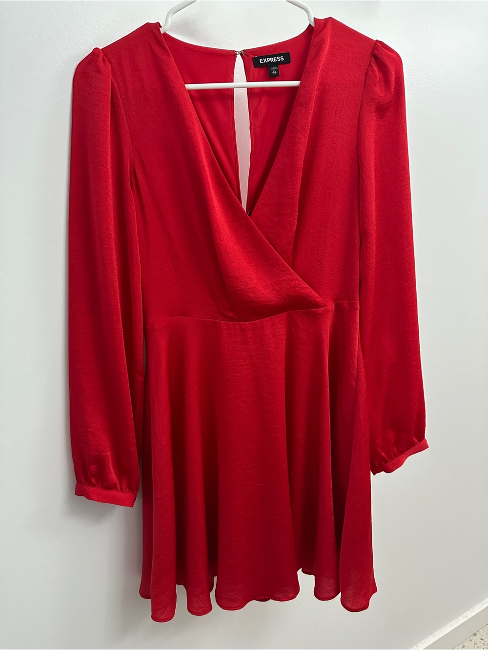 Express Red Long-Sleeve Faux-Wrap Skater Dress